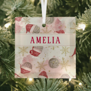 Volleyball Santa Hat Name Christmas Glass Ornament
