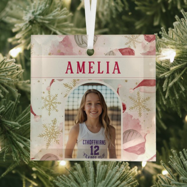Volleyball Santa Hat Name Photo Christmas   Glass Ornament (Insitu)
