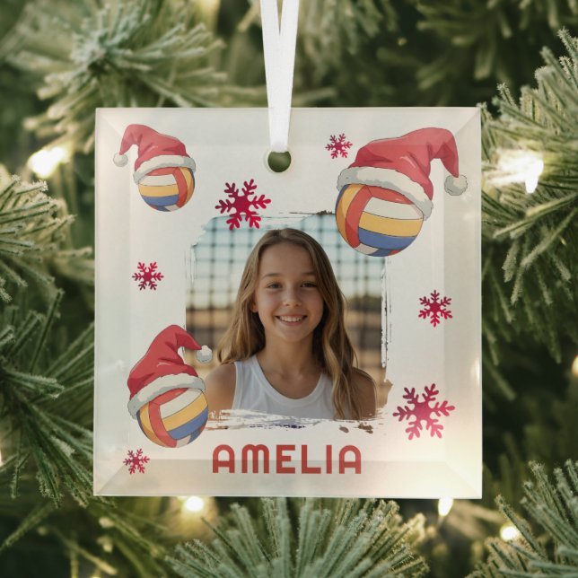 Volleyball Santa Hat Name Photo Christmas  Glass Ornament (Insitu)