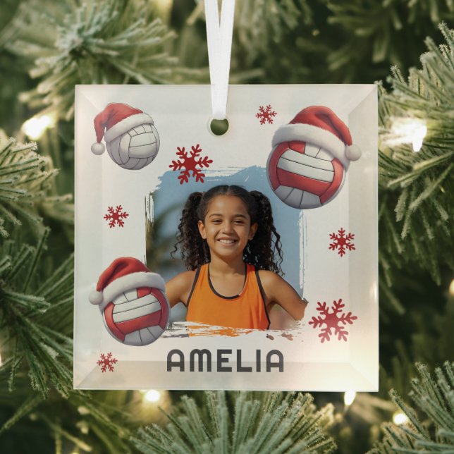 Volleyball Santa Hat Name Photo Christmas  Glass Ornament (Insitu)