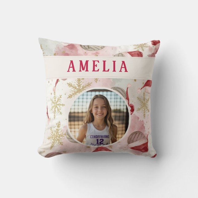 Volleyball Santa Hat Name Photo Christmas   Throw Pillow (Front)