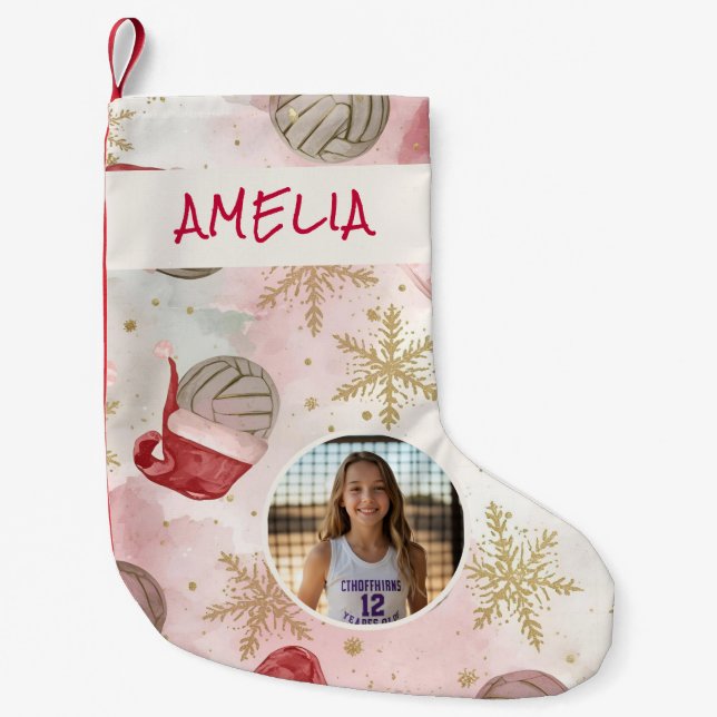 Volleyball Santa Hat Name Photo  Small Christmas Stocking (Front)