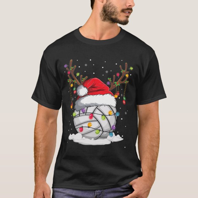 Volleyball Santa Hat Reindeer Christmas Lights Fun T-Shirt (Front)