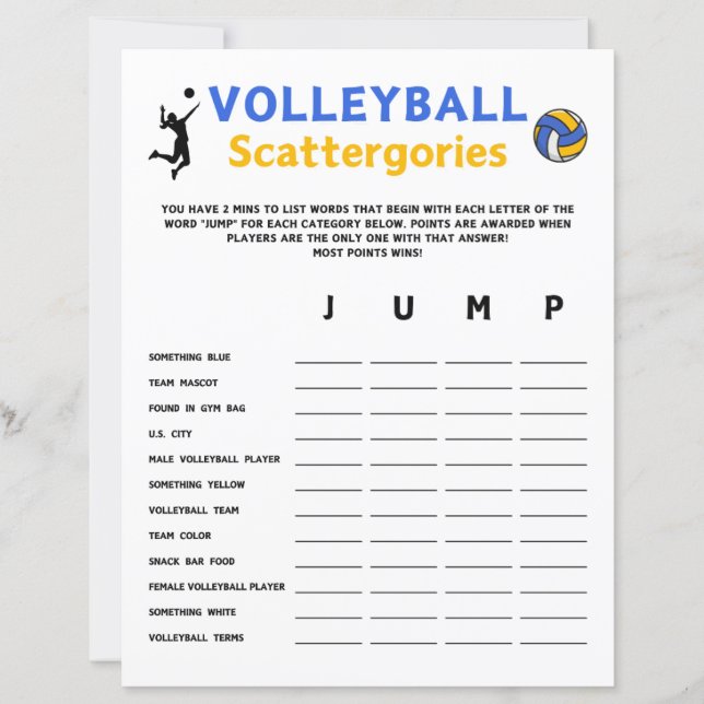 Volleyball Scattergories Game (Front)