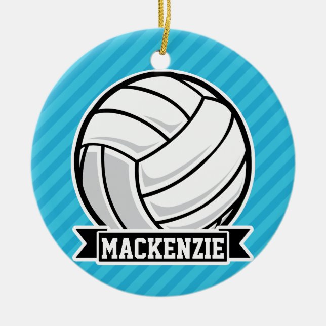 Volleyball; Sky Blue Stripes Ceramic Ornament (Front)