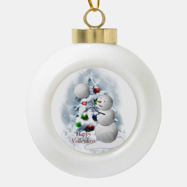 Volleyball Snowman Christmas Ceramic Ball Christmas Ornament (Front)