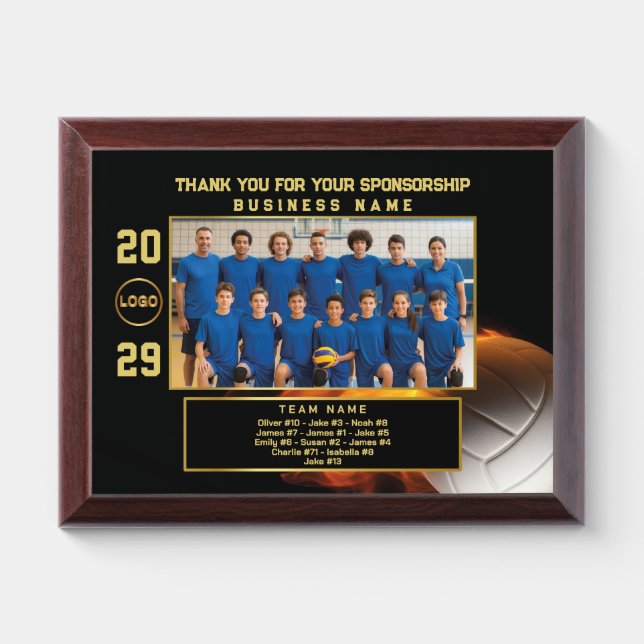 Volleyball Sponsor, Personalized Team Appreciation Award Plaque (Horizontal)