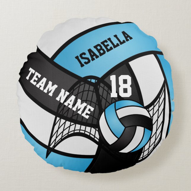  Volleyball 🏐 Sport- Baby Blue, White & Black Round Pillow (Front)