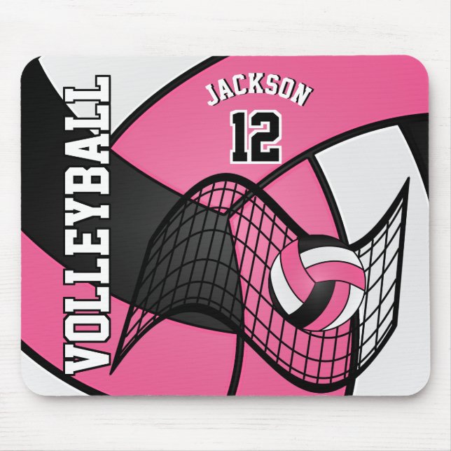 Volleyball 🏐 Sport in a Hot Pink, White and Black Mouse Pad (Front)