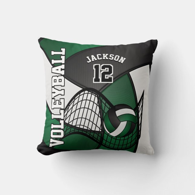 Volleyball Sport in Dark Green, White & Black Throw Pillow (Front)