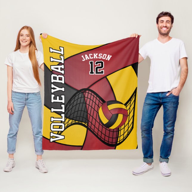 Volleyball 🏐 Sport in Maroon Red, Gold & Black Fleece Blanket (In Situ)