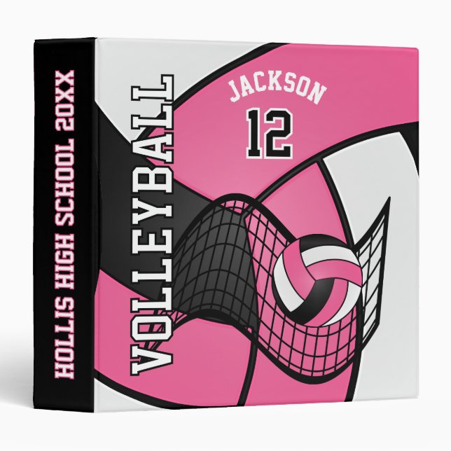 Volleyball Sport in Pretty Pink, White & Black 3 Ring Binder (Front/Spine)