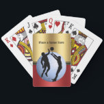 Volleyball Sports ball players personalize Playing Poker Cards<br><div class="desc">A great design for volleyball players and fans. The design shows a large volleyball overlaid with silhouetted players and placed on an elegant gold and ruby red background. Personalize it with a name above the image. The text is easily edited by using the template. If other changes are desired (different...</div>