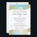 Volleyball Sports Bat Mitzvah Blue and Gold Invitation<br><div class="desc">Bright blue and white design with a variety of volleyballs balls in gold and white,  sports Bat Mitzvah invitation.  Personalize text as preferred.</div>