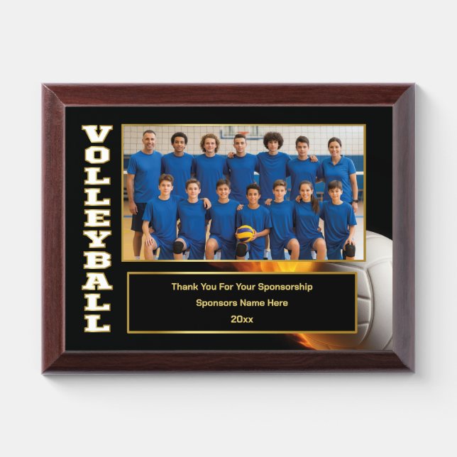 Volleyball Team Photo with Custom Sponsor Text Award Plaque (Horizontal)