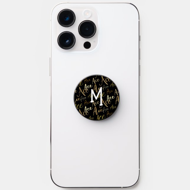 volleyball tennis Ace text pattern gold black PopSocket (Front)