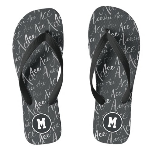 volleyball tennis Ace text pattern on charcoal Flip Flops