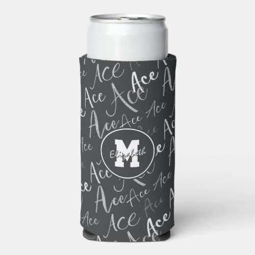 volleyball tennis Ace text pattern on charcoal Seltzer Can Cooler
