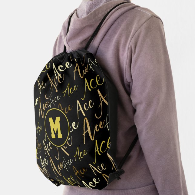 volleyball tennis gold Ace text pattern black Drawstring Bag (Insitu)