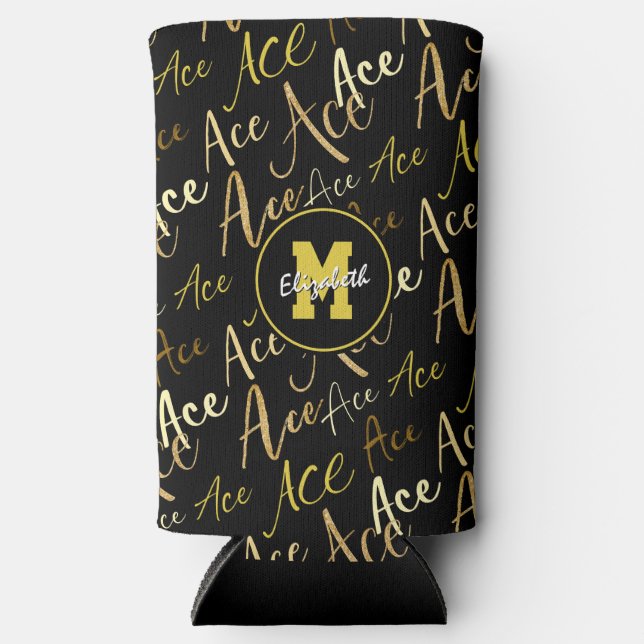 volleyball tennis gold Ace text pattern black Seltzer Can Cooler (Front)
