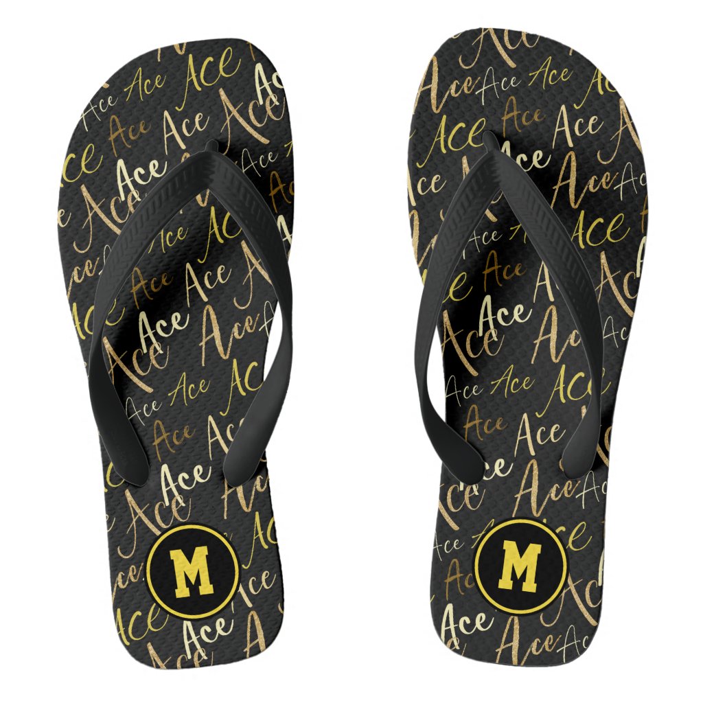 volleyball tennis gold Ace text pattern on black flip flops