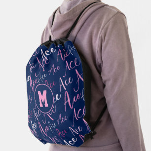volleyball tennis pink Ace text pattern on blue Drawstring Bag