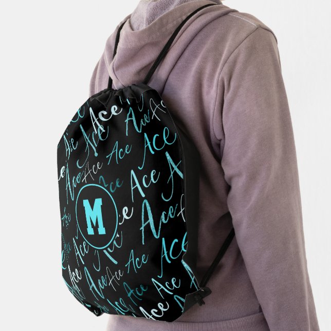 volleyball tennis turquoise Ace text pattern black Drawstring Bag (Insitu)