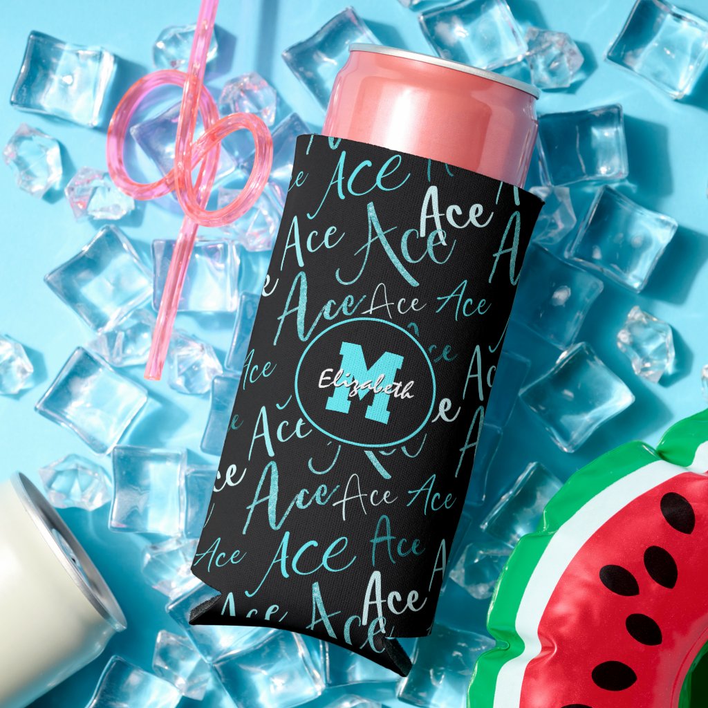 volleyball tennis turquoise Ace text pattern black seltzer can cooler