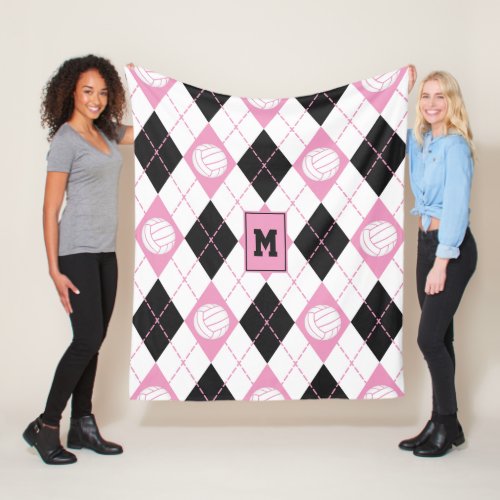 volleyball themed pink gray white argyle pattern fleece blanket