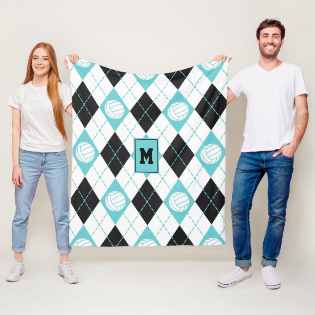 volleyball themed turquoise black argyle pattern fleece blanket (In Situ)