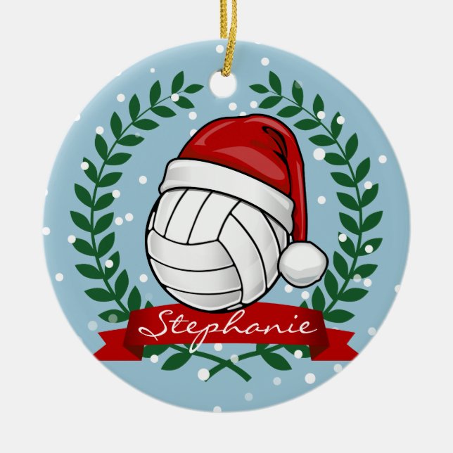 Volleyball wearing a Christmas hat Custom Ceramic Ornament (Front)