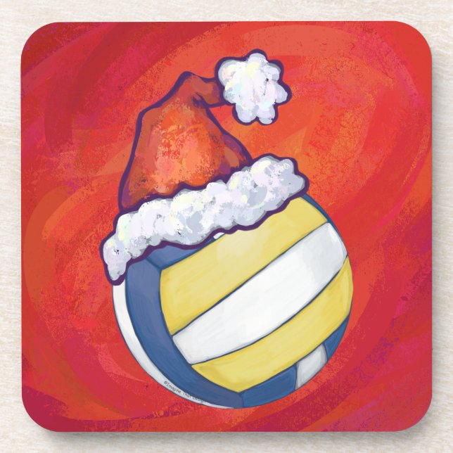 Volleyball with Christmas Hat Beverage Coaster (Front)