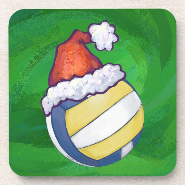 Volleyball with Christmas Hat Beverage Coaster (Front)