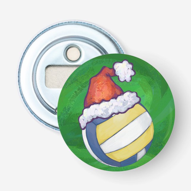 Volleyball with Christmas Hat Bottle Opener (Front)
