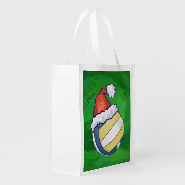 Volleyball with Christmas Hat Reusable Grocery Bag (Back Side)