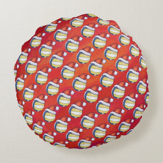 Volleyball with Christmas Hat Round Pillow (Back)