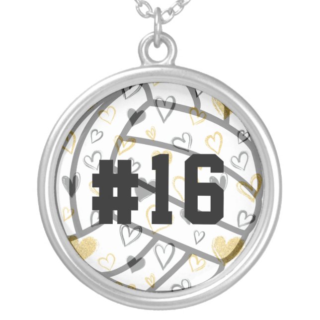 Volleyball with Jersey Number Silver Plated Necklace (Front)