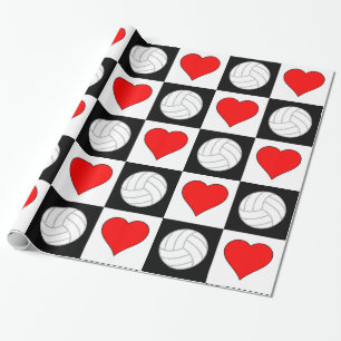 Volleyballs and Hearts Black & White Checkered Wrapping Paper