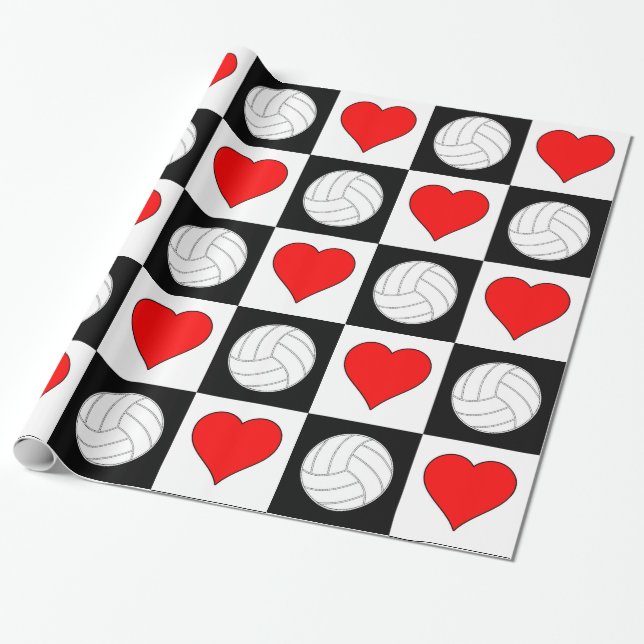 Volleyballs and Hearts Black & White Checkered Wrapping Paper (Unrolled)