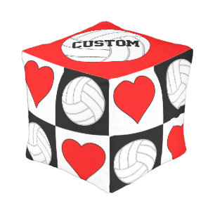Volleyballs & Hearts Black & White Checkered Pouf