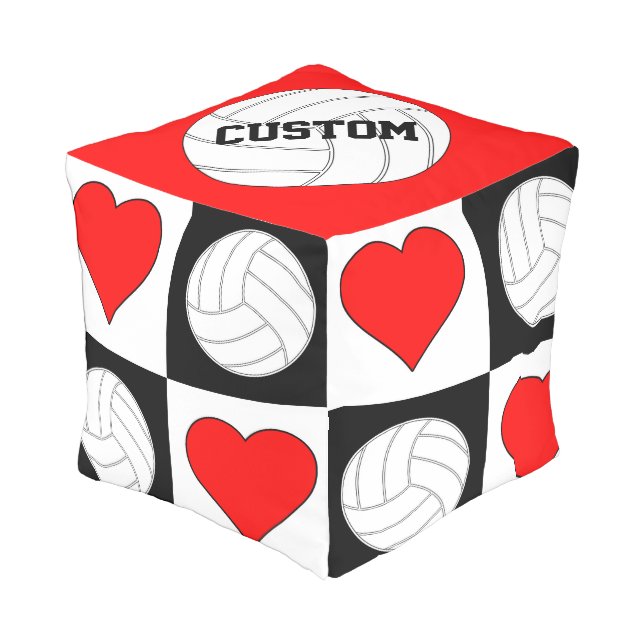 Volleyballs & Hearts Black & White Checkered Pouf (Angled Front)