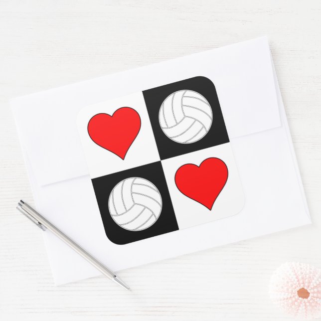 Volleyballs & Hearts Checkered Pattern Cute Sports Square Sticker (Envelope)