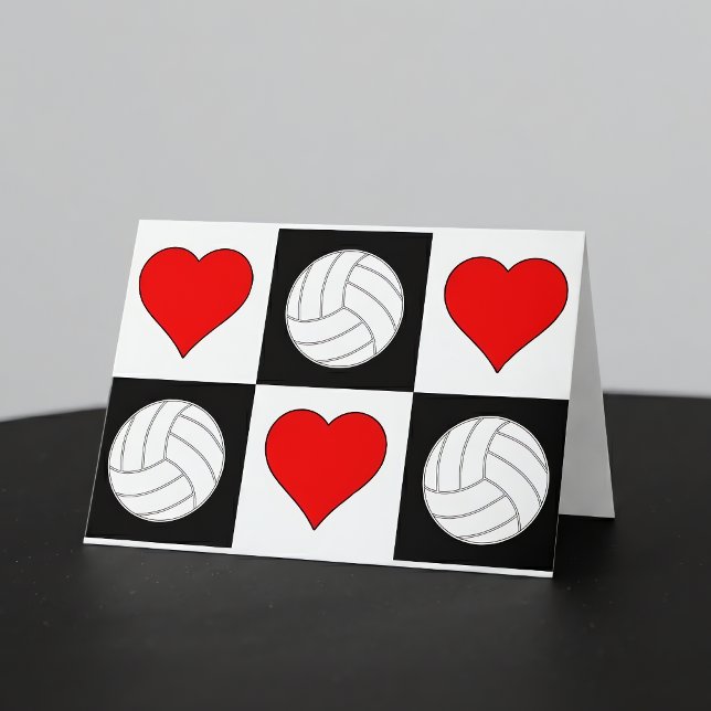 Volleyballs & Hearts Cute Checkered Greeting Card (Volleyball greeting card on black table. Great for volleyball parties and events.)