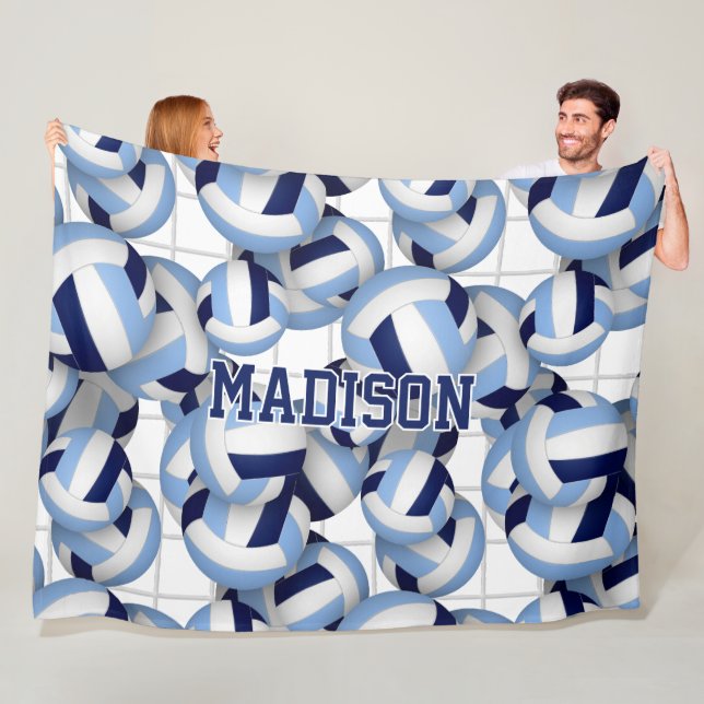 Volleyballs pattern w net bkgrd navy lt blue fleece blanket (In Situ)