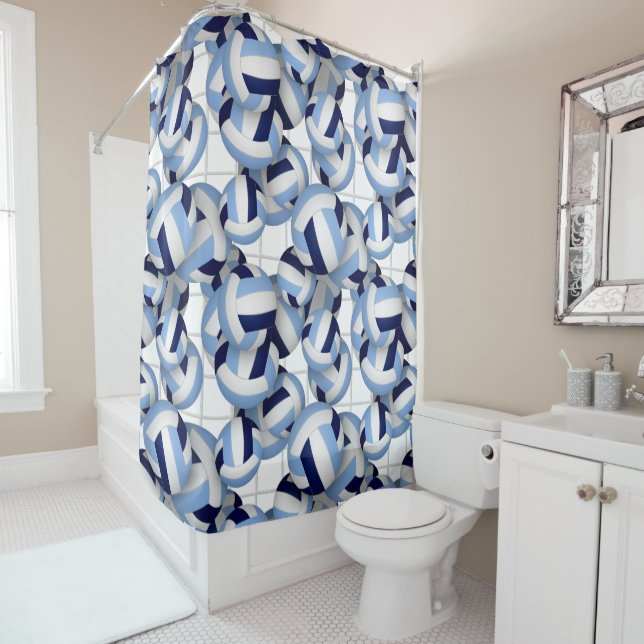 Volleyballs pattern w net bkgrd navy lt blue shower curtain (In Situ)