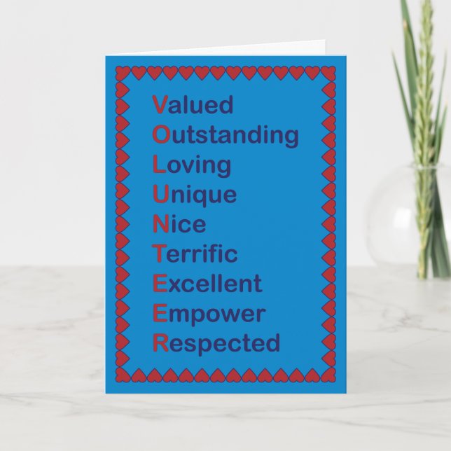 Volunteer Appreciation Thanks Hearts Red Blue Thank You Card (Front)