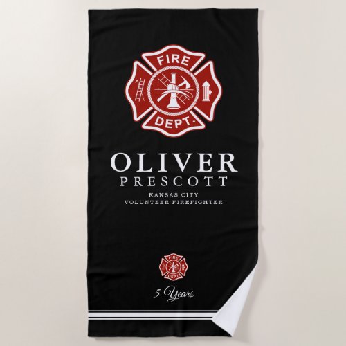 Volunteer Firefighter | Maltese Cross Symbol Black Beach Towel