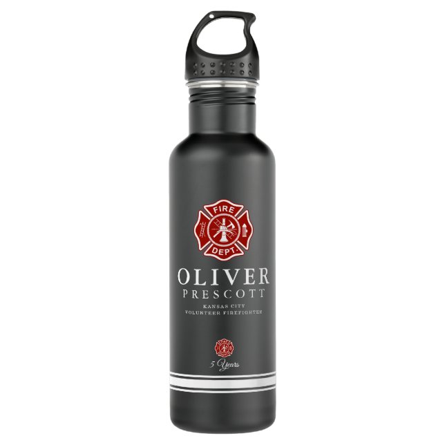 Volunteer Firefighter | Maltese Cross Symbol Black Stainless Steel Water Bottle (Front)