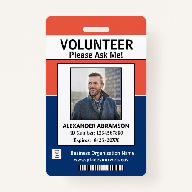 Volunteer ID Card Modern Ask Me Logo Custom Badge (Front)