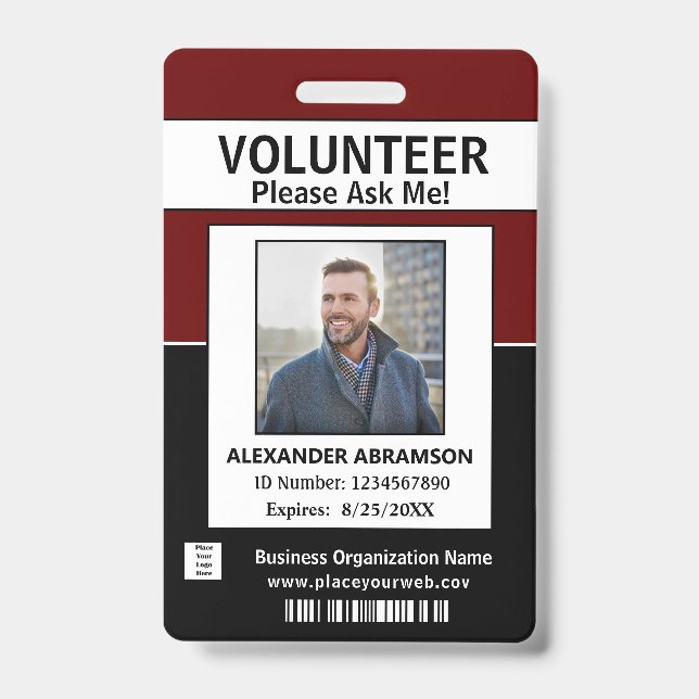 Volunteer ID Card Modern Ask Me Logo Custom Badge (Front)